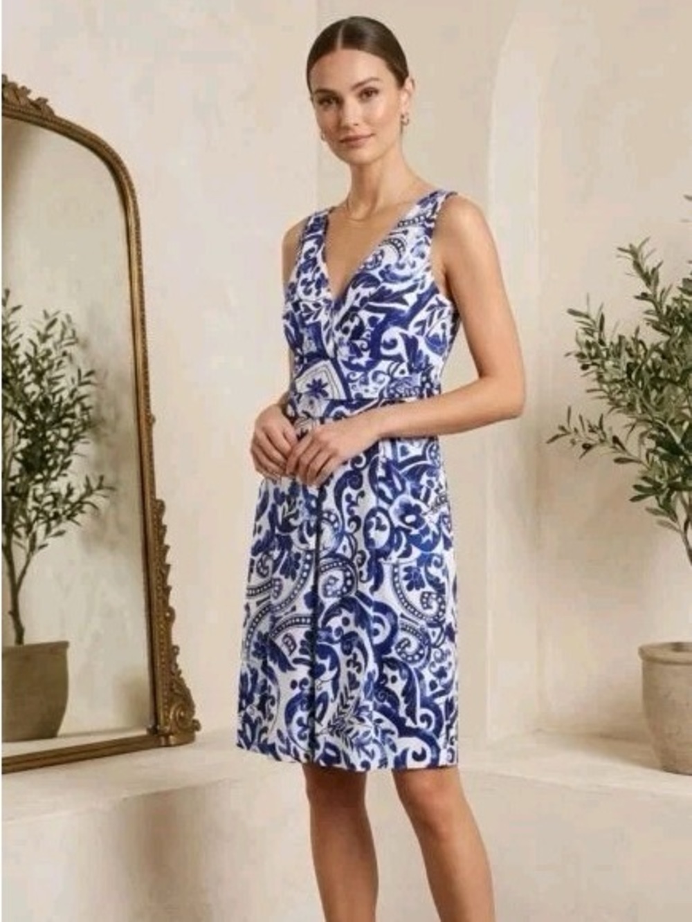 LRL Cotton Sleeveless White/ Blue Floral Mediterranean Floral & Scroll Dress